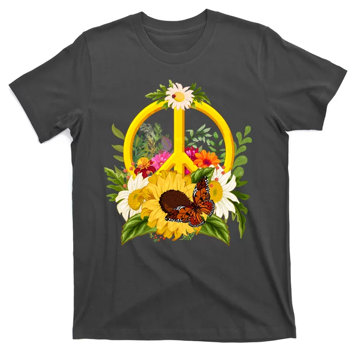 Vintage Sunflower Floral Butterfly Ladybug Peace Sign T-Shirt