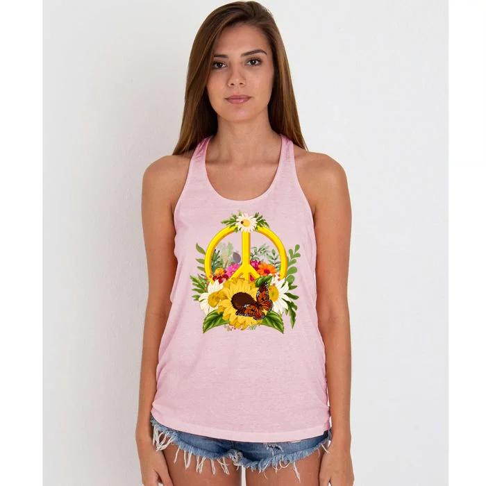 Vintage Sunflower Floral Butterfly Ladybug Peace Sign Women's Knotted Racerback Tank