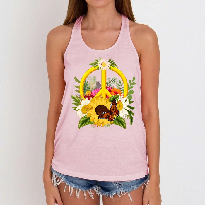 Vintage Sunflower Floral Butterfly Ladybug Peace Sign Women's Knotted Racerback Tank