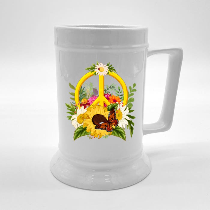 Vintage Sunflower Floral Butterfly Ladybug Peace Sign Front & Back Beer Stein