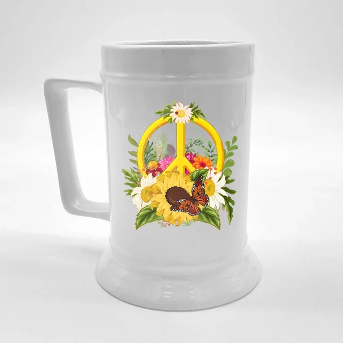 Vintage Sunflower Floral Butterfly Ladybug Peace Sign Front & Back Beer Stein