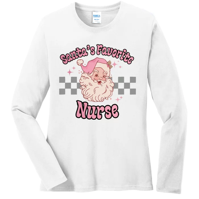 Vintage Santas Favorite Nurse Pastel Pink Christmas Nurse Ladies Long Sleeve Shirt