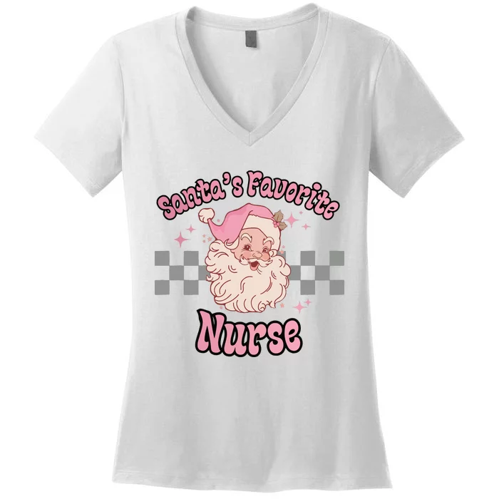 Vintage Santas Favorite Nurse Pastel Pink Christmas Nurse Women's V-Neck T-Shirt