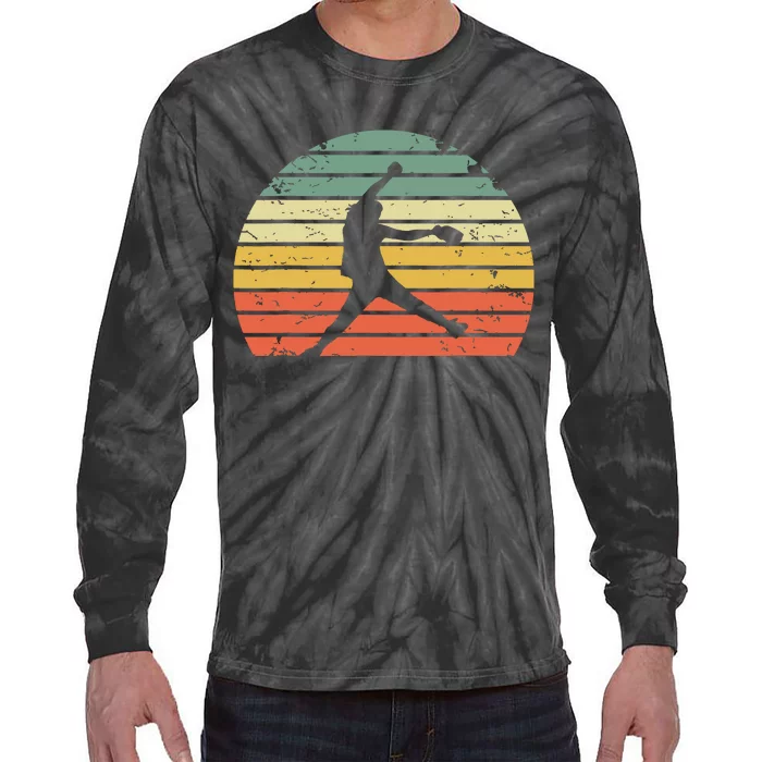 Vintage Softball Girl Pitching Silhouette Retro Sunset Tie-Dye Long Sleeve Shirt