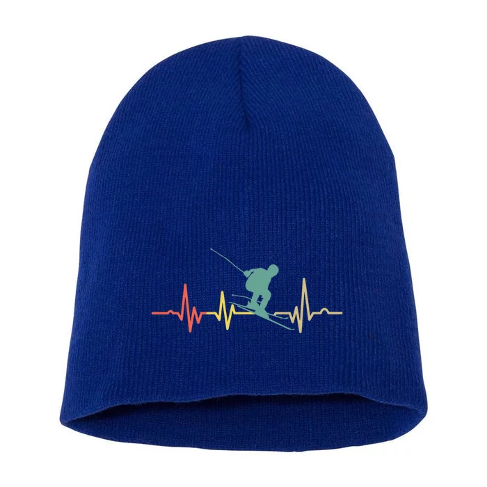 Vintage Skiing Heartbeat Ski Lover Funny Skiers Funny Gift Tee Gift Short Acrylic Beanie