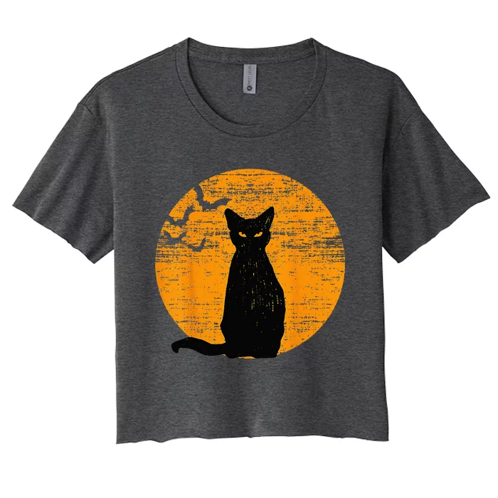 Vintage Scary Halloween Black Cat Costume Retro Moon Cat Mom Women's Crop Top Tee