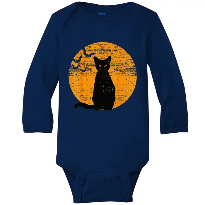 Vintage Scary Halloween Black Cat Costume Retro Moon Cat Mom Baby Long Sleeve Bodysuit