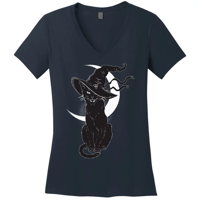 Vintage Scary Halloween Black Cat Costume Witch Hat & Moon Women's V-Neck T-Shirt