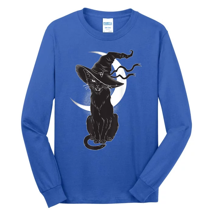 Vintage Scary Halloween Black Cat Costume Witch Hat And Moon Cool Gift Tall Long Sleeve T-Shirt