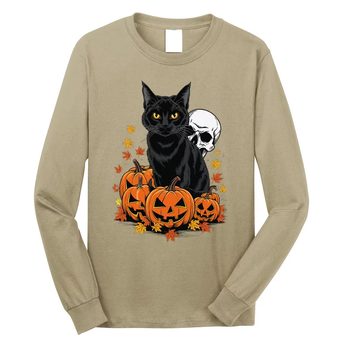 Vintage Scary Halloween Black Cat Lovers Pumpkin Costume Long Sleeve Shirt