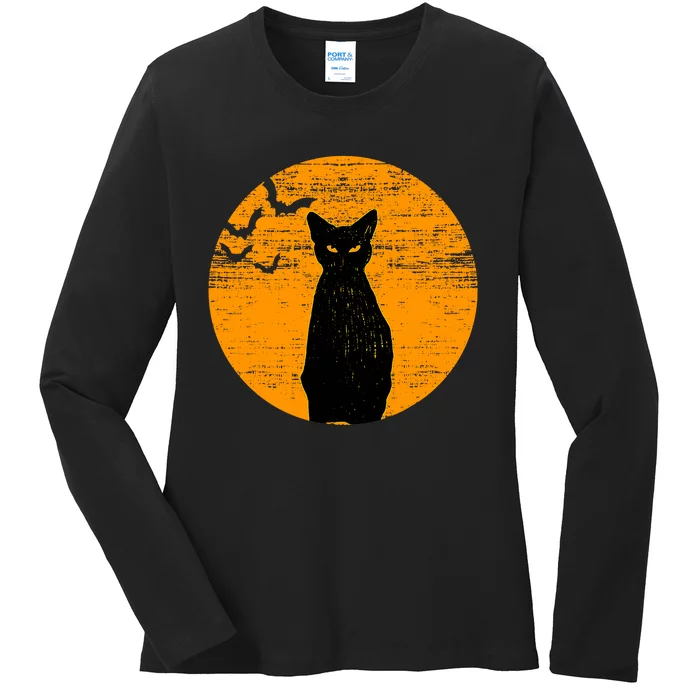 Vintage Scary Halloween Black Cat Costume Retro Moon Cat Ladies Long Sleeve Shirt