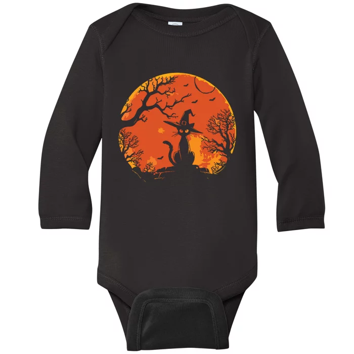 Vintage Scary Halloween Cat Costume Retro Cat Moon Baby Long Sleeve Bodysuit