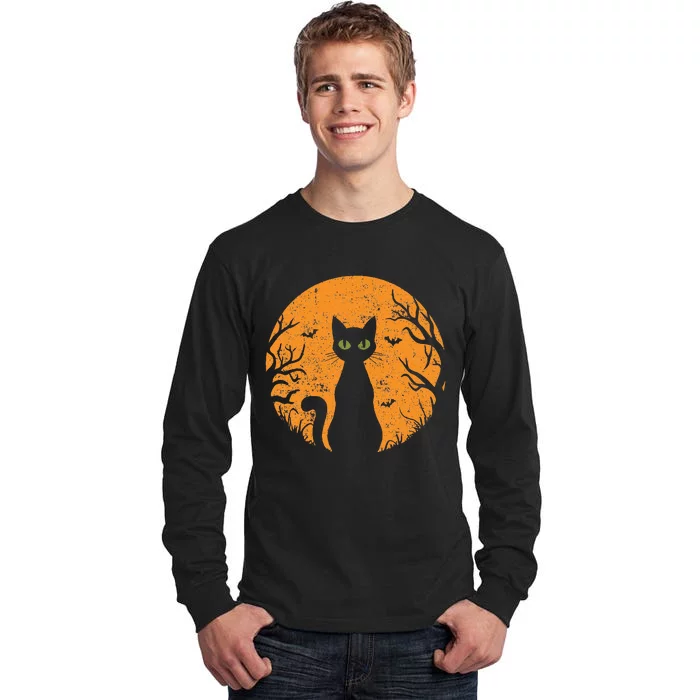 Vintage Scary Halloween Cat Costume Retro Cat Moon Gift Tall Long Sleeve T-Shirt