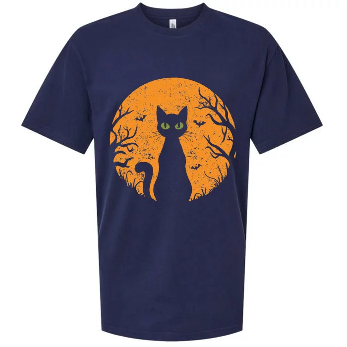 Vintage Scary Halloween Cat Costume Retro Cat Moon Gift Sueded Cloud Jersey T-Shirt