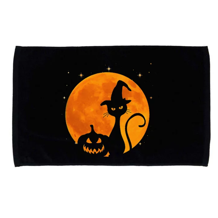 Vintage Scary Halloween Black Cat Costume Witch Hat & Moon Gift Microfiber Hand Towel