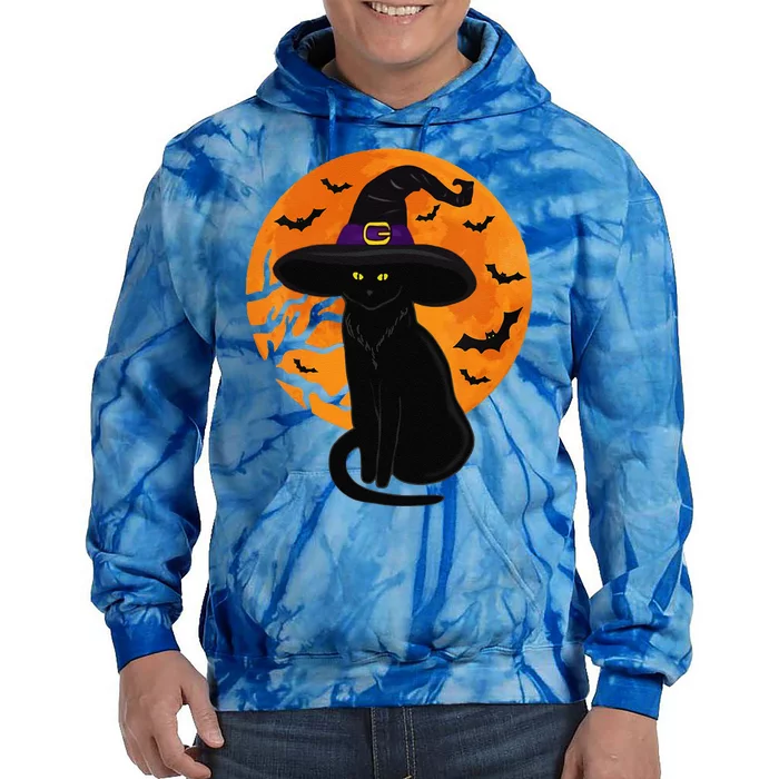 Vintage Scary Halloween Black Cat Costume Witch Hat & Moon Tie Dye Hoodie