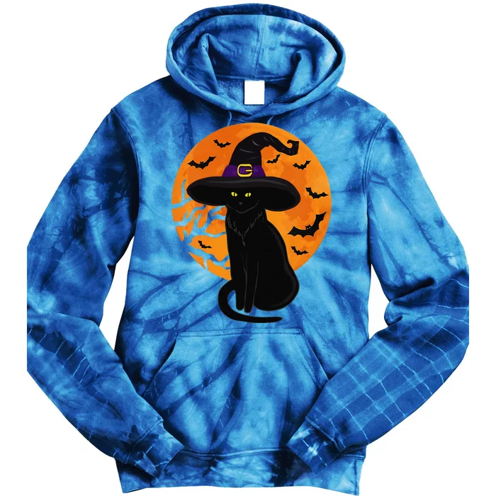 Vintage Scary Halloween Black Cat Costume Witch Hat & Moon Tie Dye Hoodie