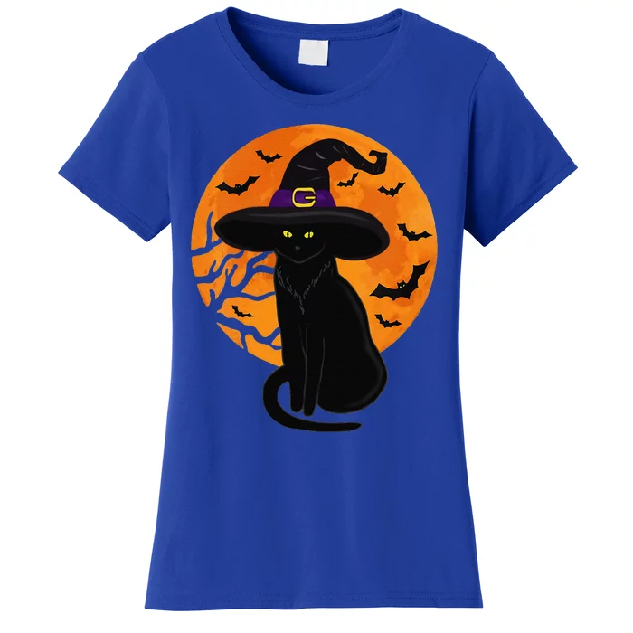 Vintage Scary Halloween Black Cat Costume Witch Hat & Moon Women's T-Shirt