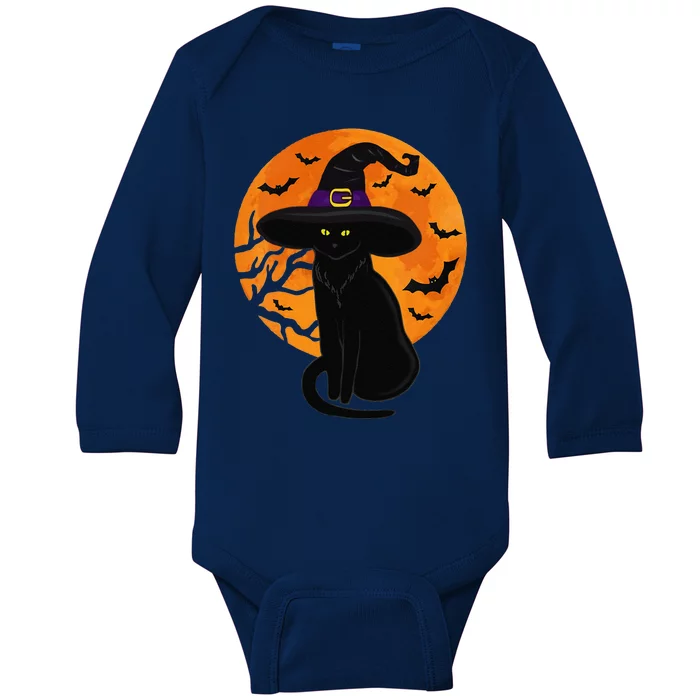 Vintage Scary Halloween Black Cat Costume Witch Hat & Moon Baby Long Sleeve Bodysuit