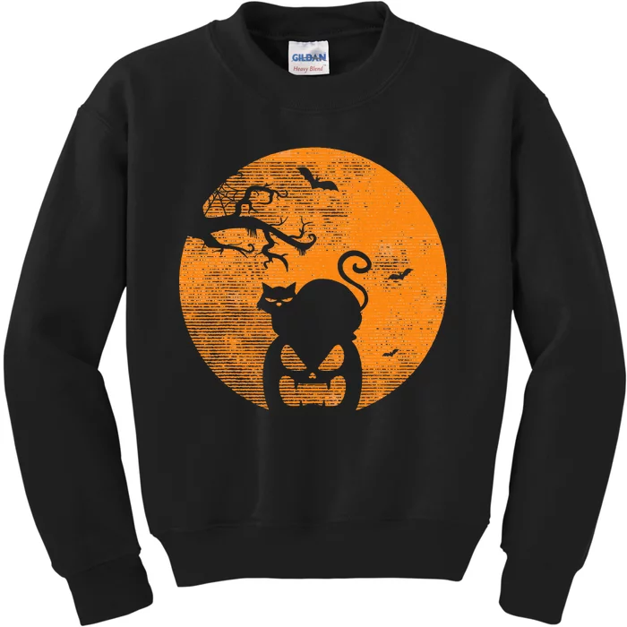 Vintage Scary Halloween Pumpkin Cat Costume Retro Cat Moon Kids Sweatshirt