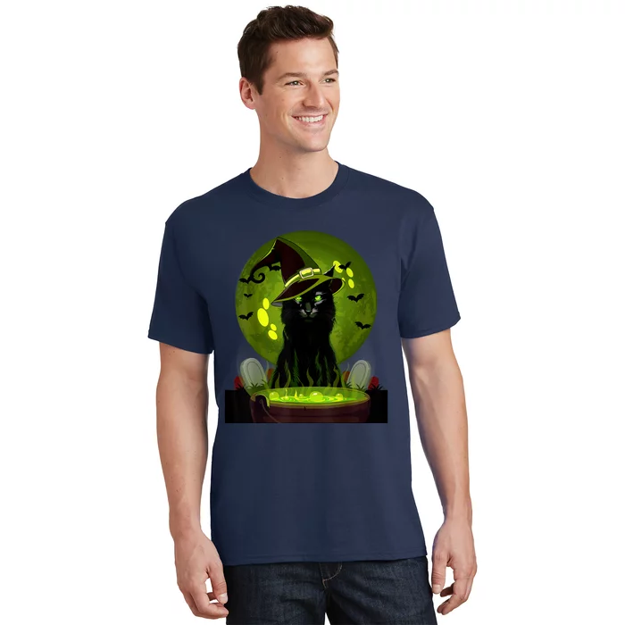 Vintage Scary Halloween Cat Witch Hat Moon Costume T-Shirt