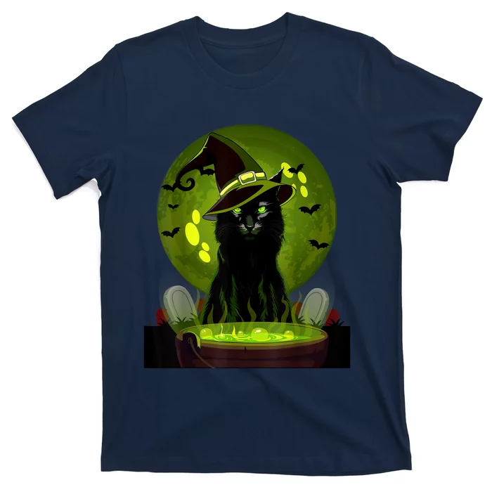 Vintage Scary Halloween Cat Witch Hat Moon Costume T-Shirt