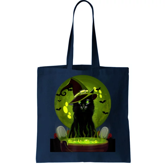 Vintage Scary Halloween Cat Witch Hat Moon Costume Tote Bag