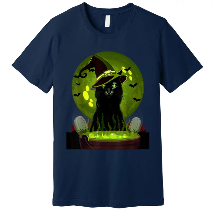 Vintage Scary Halloween Cat Witch Hat Moon Costume Premium T-Shirt