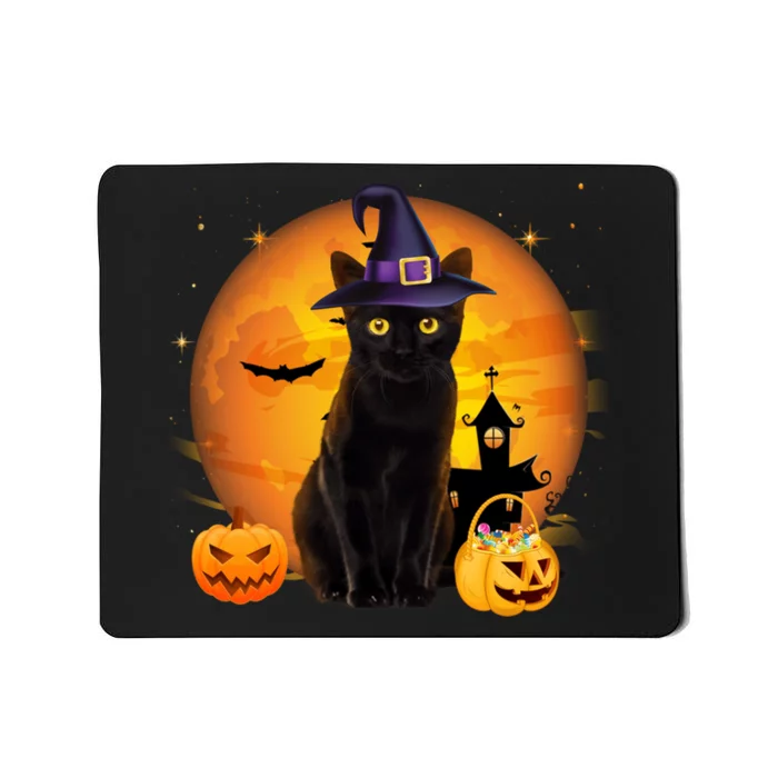 Vintage Scary Halloween Black Cat Costume Witch Hat & Moon Mousepad