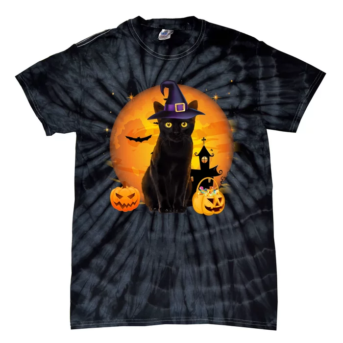 Vintage Scary Halloween Black Cat Costume Witch Hat & Moon Tie-Dye T-Shirt