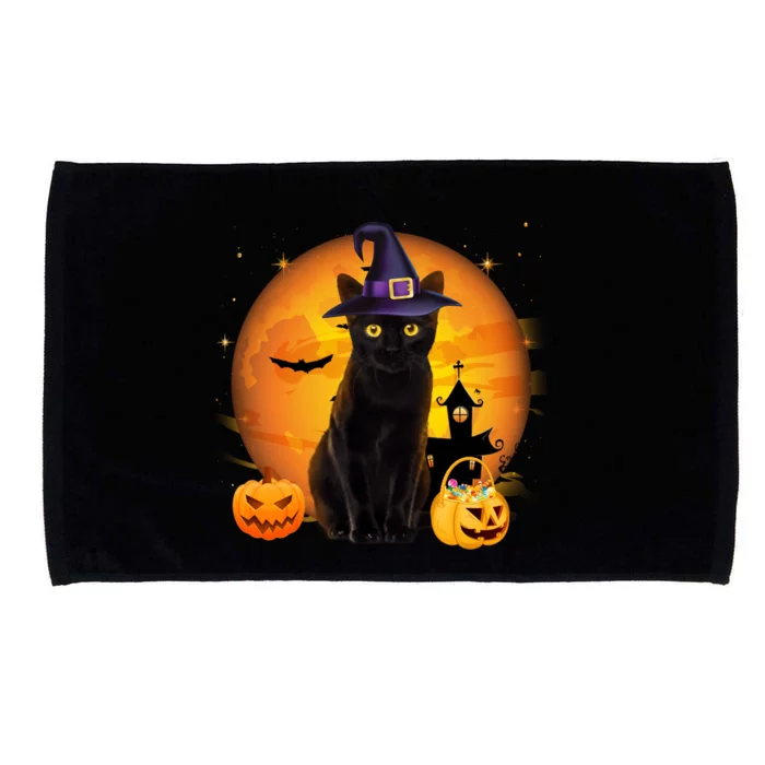 Vintage Scary Halloween Black Cat Costume Witch Hat & Moon Microfiber Hand Towel