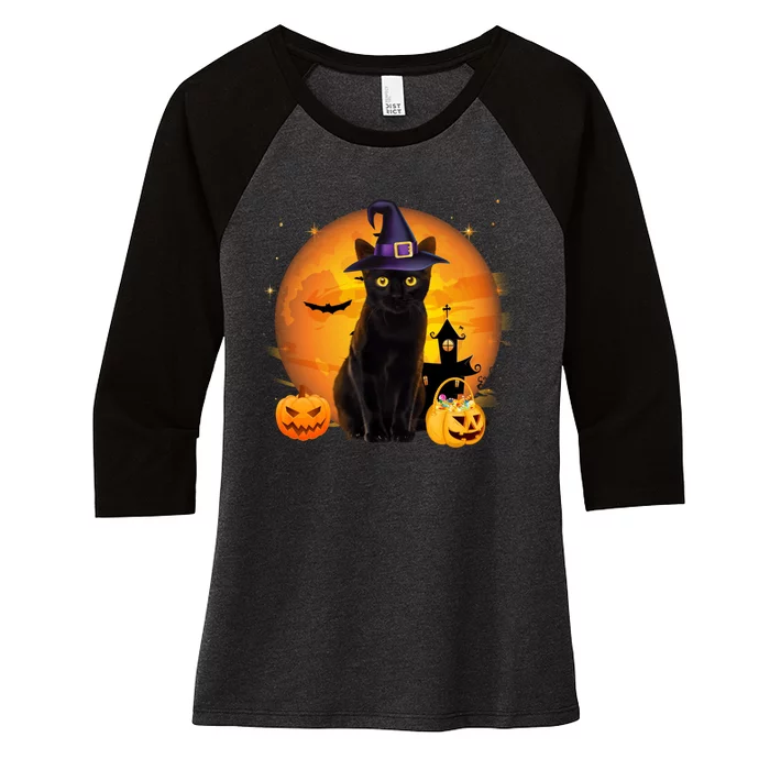 Vintage Scary Halloween Black Cat Costume Witch Hat & Moon Women's Tri-Blend 3/4-Sleeve Raglan Shirt