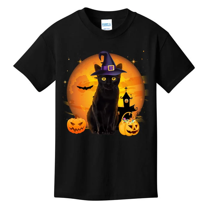 Vintage Scary Halloween Black Cat Costume Witch Hat & Moon Kids T-Shirt