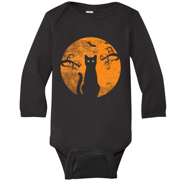 Vintage Scary Halloween Cat Costume Retro Cat Moon Baby Long Sleeve Bodysuit