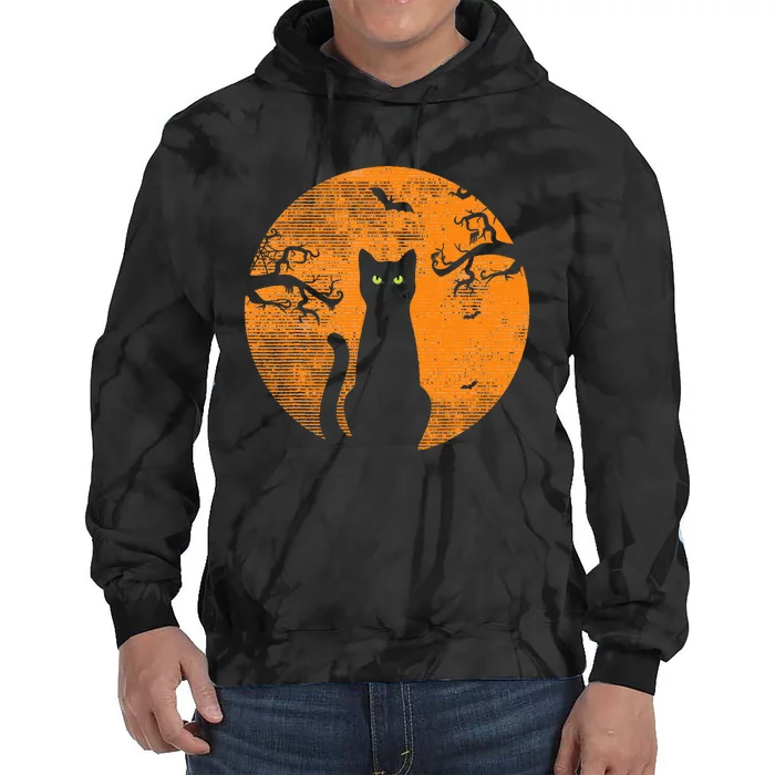 Vintage Scary Halloween Cat Costume Retro Cat Moon Tie Dye Hoodie