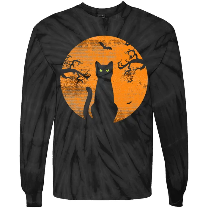 Vintage Scary Halloween Cat Costume Retro Cat Moon Tie-Dye Long Sleeve Shirt