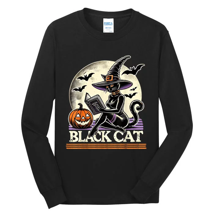 Vintage Scary Halloween Black Cat Costume Witch Hat & Moon Tall Long Sleeve T-Shirt