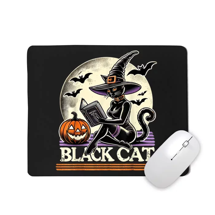 Vintage Scary Halloween Black Cat Costume Witch Hat & Moon Mousepad