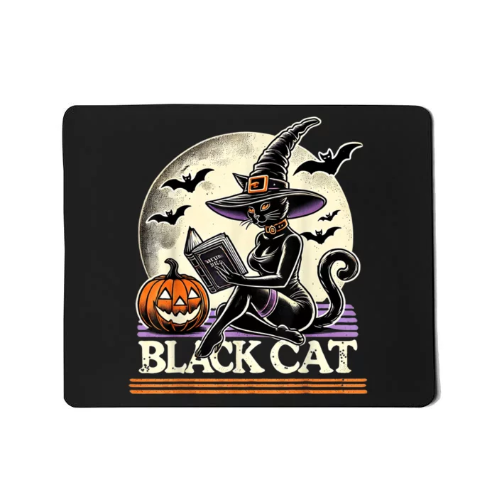 Vintage Scary Halloween Black Cat Costume Witch Hat & Moon Mousepad