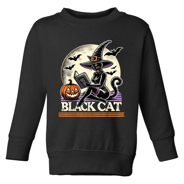 Vintage Scary Halloween Black Cat Costume Witch Hat & Moon Toddler Sweatshirt