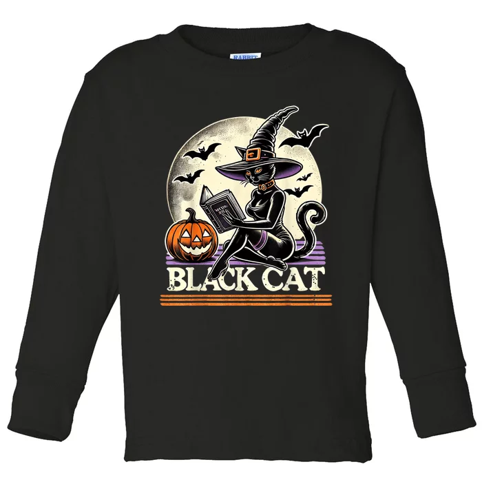 Vintage Scary Halloween Black Cat Costume Witch Hat & Moon Toddler Long Sleeve Shirt