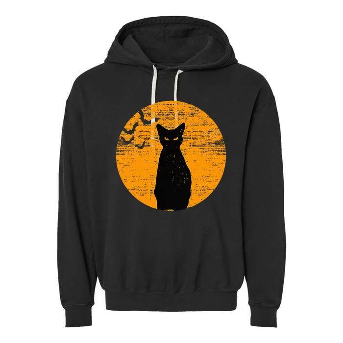 Vintage Scary Halloween Black Cat Costume Retro Moon Cat Mom Garment-Dyed Fleece Hoodie