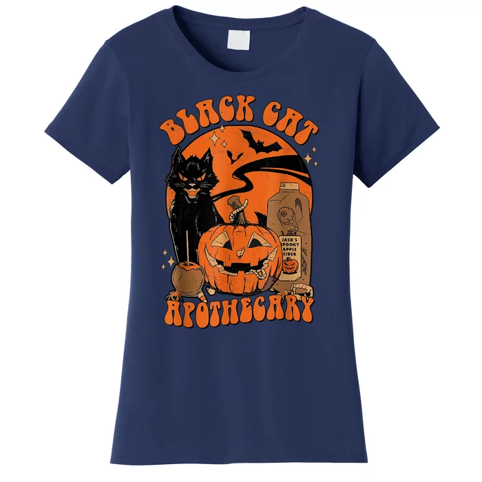 Vintage Scary Halloween Black Cat Costume Witch Hat & Moon Women's T-Shirt