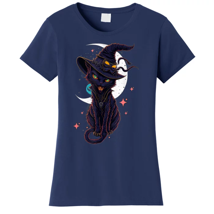 Vintage Scary Halloween Black Cat Costume Witch Hat & Moon Women's T-Shirt