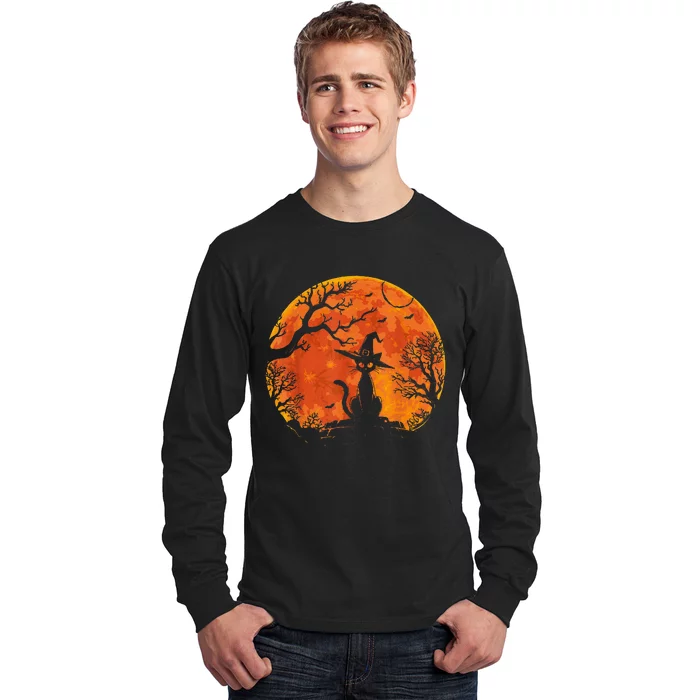 Vintage Scary Halloween Cat Costume Retro Cat Moon Long Sleeve Shirt