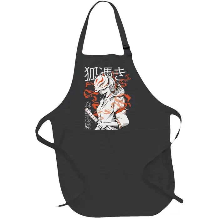 Vintage Style Kitsune Japanese Anime Otaku Aesthetic Fox Full-Length Apron With Pocket