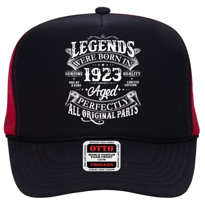 Vintage Scroll Legends Were Born In 1923 Aged Perfectly 100th Birthday High Crown Mesh Trucker Hat