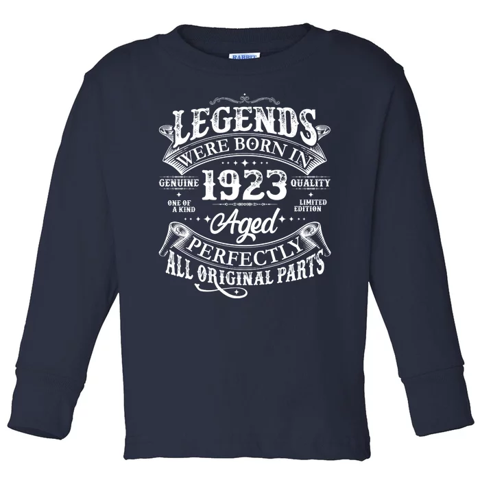 Vintage Scroll Legends Were Born In 1923 Aged Perfectly 100th Birthday Toddler Long Sleeve Shirt