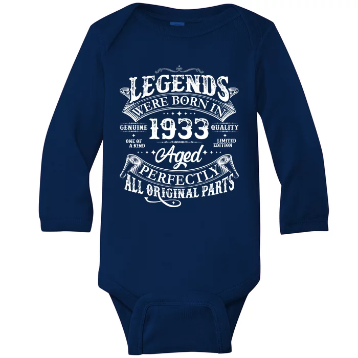 Vintage Scroll Legends Were Born In 1933 Aged Perfectly 90th Birthday Baby Long Sleeve Bodysuit