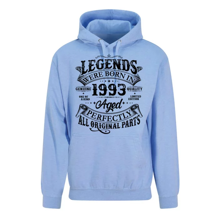 Vintage Scroll Legends Were Born In 1993 Aged Perfectly 30th Birthday Unisex Surf Hoodie